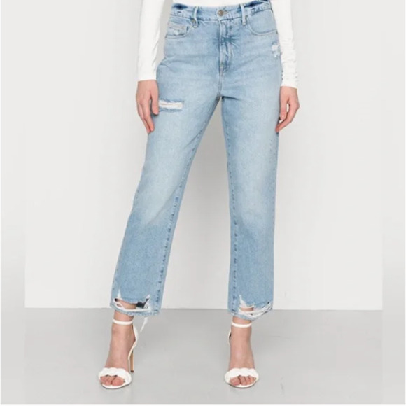Good American Denim - Good American Good Boy High Rise Distressed Straight Leg Jeans